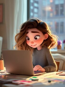 Una joven artista se siente abrumada por su trabajo frente a su ordenador.