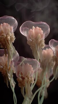 Una fotograf&iacute;a macro de medusas transl&uacute;cidas flotando en aguas oscuras.