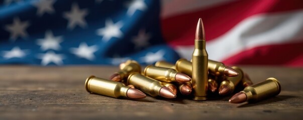 Close-up, spent rifle rounds, US flag background , shooting, metal, macro
