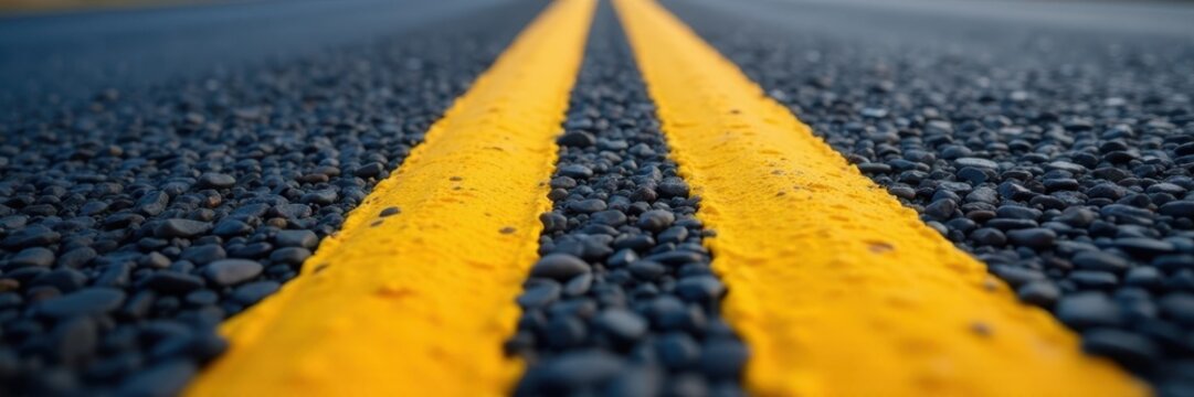 Close-up textured asphalt with vibrant yellow road marking stripe , worn, aged, cracked - Powered by Adobe