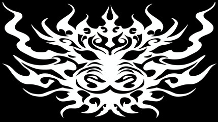 Obraz premium Powerful Tribal Abstract Mask Design with Stylized Flames and Organic Shapes on Black, Decorative Ornament Graphic Vector Art