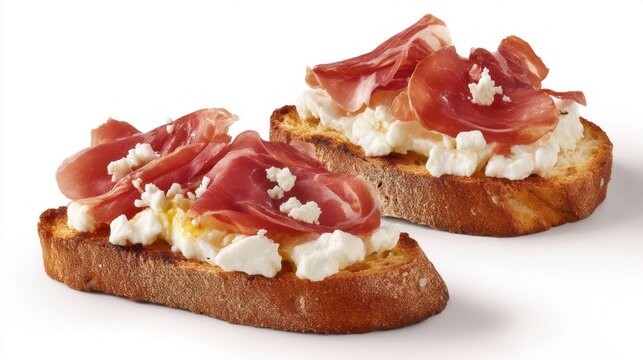 Two slices of toasted bread topped with creamy cheese and thinly sliced, savory cured meat create a delightful snack. This treat is perfect for sharing or enjoying alone at any time of day