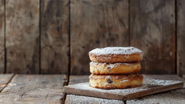 Three powder-sugar-coated doughnuts on rustic wooden board