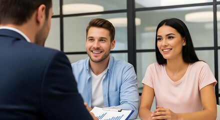 Happy young couple meets with financial advisor in modern office