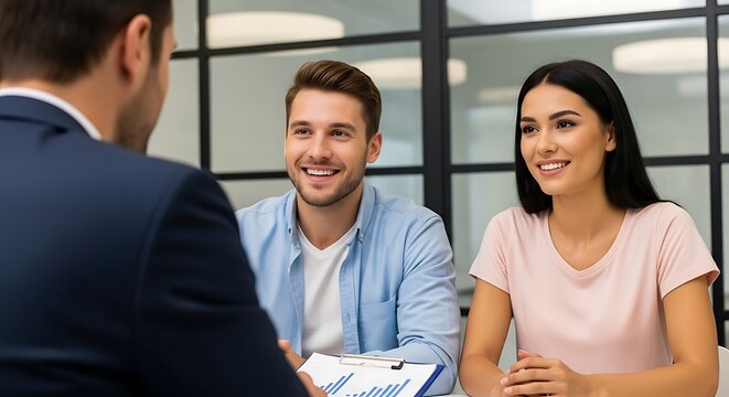 Happy young couple meets with financial advisor in modern office