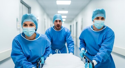Medical staff rushing patient on stretcher down hospital corridor urgently