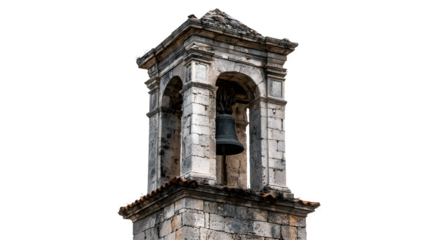 A traditional village church bell tower reaching skyward, its ancient stone weathered by time, isolated on a Transparent background