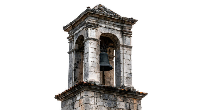 A traditional village church bell tower reaching skyward, its ancient stone weathered by time, isolated on a Transparent background - Powered by Adobe
