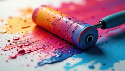 Close-up vibrant paint roller streaks, color mixing , shades, tones, backdrop