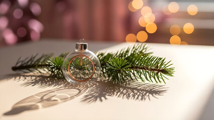 Clear glass Christmas ornament with copper circle and evergreen sprigs on table.