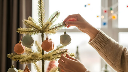Person decorates a Christmas tree with geometric ornaments in a bright, cozy setting.