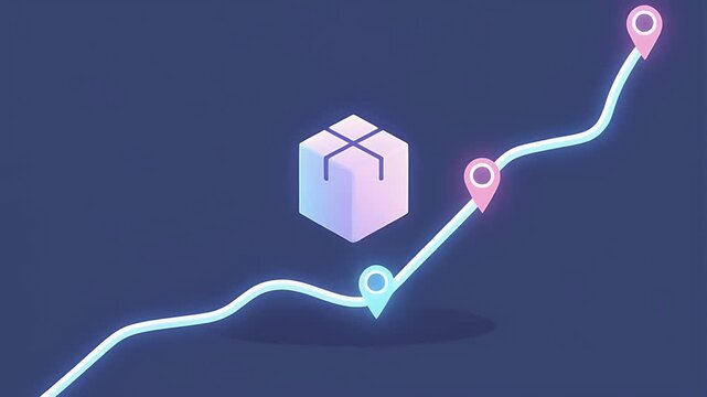 Animated video of a package tracking its journey on a digital map, showing the logistics and delivery route with location pins for progress monitoring