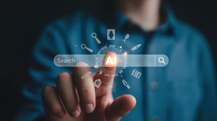Fototapeta premium Human finger interacts with illuminated digital interface displaying artificial intelligence search function