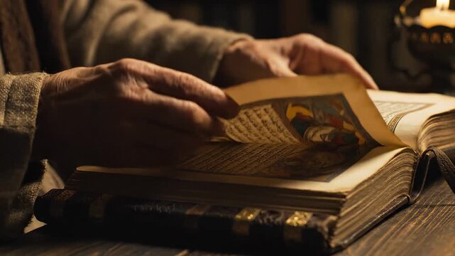 Close up of old hands reading an ancient book by candlelight.
