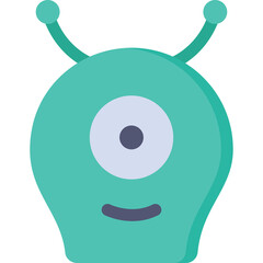 Turquoise alien creature with one eye and antennae smiling against a white background in a flat design style