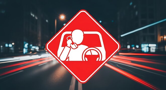 Warning sign of talking on the phone while driving at night