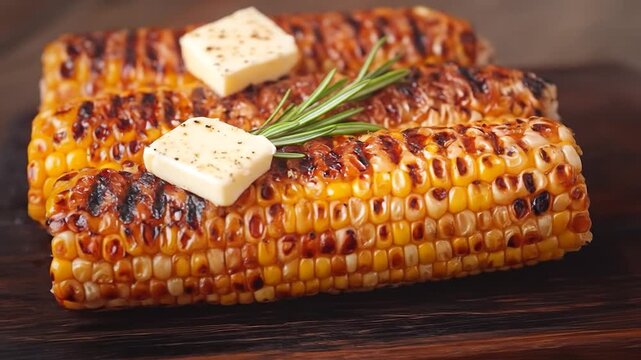 Grilled golden yellow corn on cob with melting butter and fresh herb garnish on dark wooden board