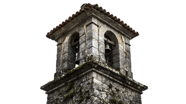 A traditional village church bell tower reaching skyward, its ancient stone weathered by time, isolated on a Transparent background