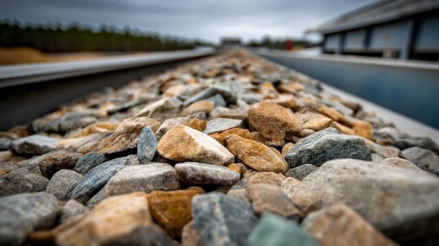 Close-up of colorful gravel stones alongside train tracks in a scenic landscape