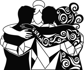 Friendship, unity, and diverse people group embrace in black and white stylized vector art, symbolizing teamwork, support, and inclusion
