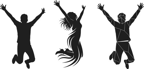 Silhouettes of joyous people jumping, celebrating success, freedom, and happiness in a dynamic, energetic, and expressive style, perfect for motivational concepts