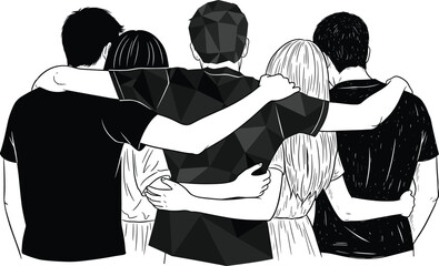 Group of diverse friends standing together unity silhouette, young people embracing bonding support partnership teamwork, rear view outline vector black and white graphic