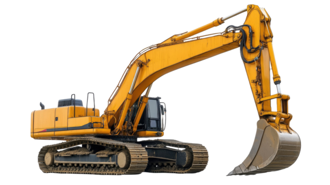 Yellow excavator with large bucket arm and heavy-duty tracks shown in detailed construction machinery view isolated on white background