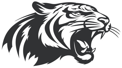 Obraz premium Powerful roaring tiger head illustration. Aggressive wild animal mascot graphic, fierce predatory feline symbol in black and white.