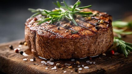 Delicious grilled steak with herbs on wooden board, perfect for food lovers and culinary enthusiasts