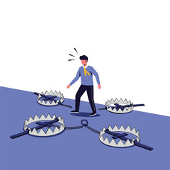 A man looks distressed and overwhelmed while surrounded by multiple open bear traps, symbolizing potential dangers and challenging decisions.