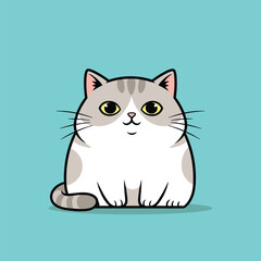 A charming, chubby, grey and white cartoon cat with bright yellow eyes is sitting happily and looking at the viewer on a simple teal background.