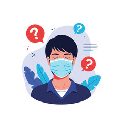 A person wearing a blue medical face mask has their eyes closed in thought, surrounded by question marks, symbolizing health uncertainty and contemplation.