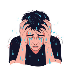 A man in profound emotional distress holds his head, crying and sweating profusely, symbolizing overwhelming stress or a mental breakdown.