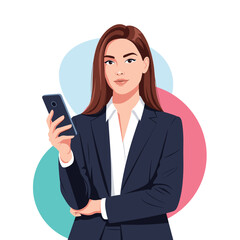 An elegant young businesswoman in a dark blue suit and white shirt holds a smartphone while looking directly at the viewer with a gentle smile.