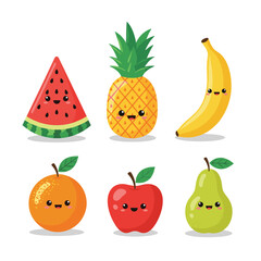 A delightful collection of six smiling cartoon fruits, including watermelon, pineapple, banana, orange, apple, and pear, isolated on white.