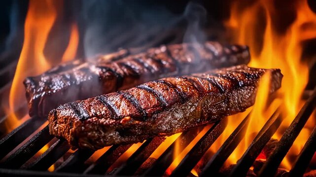 Delicious Grilled Steak Cooking Over Flames, Perfect for Barbecue Lovers