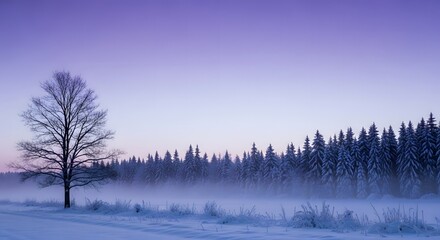 Winter's Embrace Snowy Landscape with Bare Tree and Forest Silhouette Background
