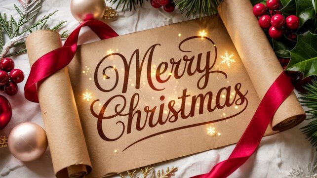 inviting golden light, showcasing the elegant brown cursive script that reads "MERRY CHRISTMAS"