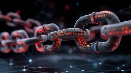 Futuristic digital chain with glowing binary code representing data security and blockchain technology - Powered by Adobe