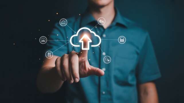 Businessman interacts with a glowing digital interface representing cloud storage upload functionality
