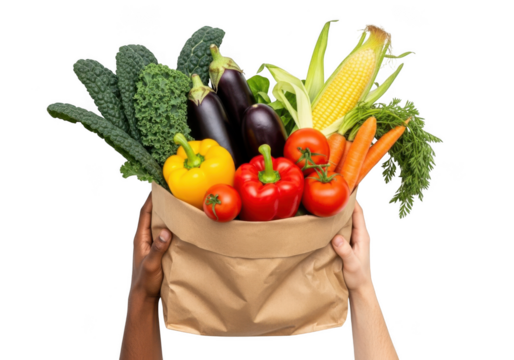 Fresh vegetables in a paper bag held by hands isolated on transparent background