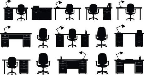 Silhouette collection of office desks and chairs with lamps and accessories, business workplace furniture vector illustration, modern workspace interior design