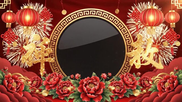 Chinese new year festive background with red lanterns, golden characters, peonies, and a circular frame - Powered by Adobe