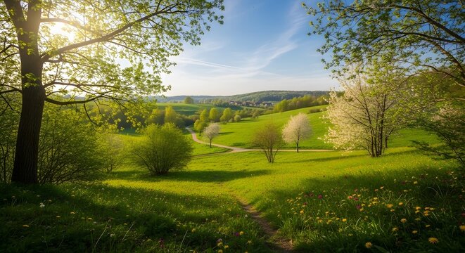 Verdant Spring Meadow A Landscape of Blossoming Trees and Lush Grass Background