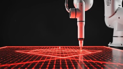 Robotic Arm Drawing a Geometric Shape on Glowing Red Grid Surface