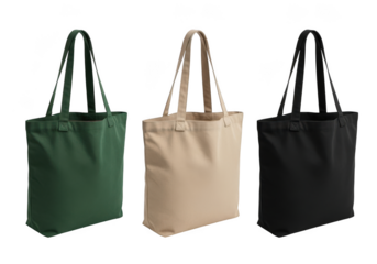 Three blank tote bags in different colors isolated on transparent background