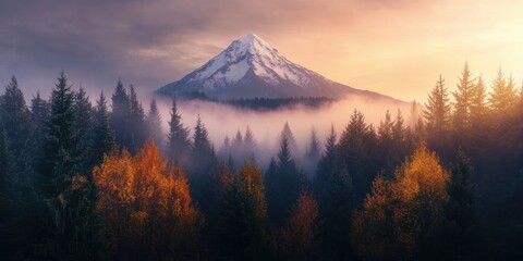 Majestic snowcapped mountain peak emerges from a misty forest at dawn, bathed in golden light with vibrant autumn trees