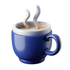 Vibrant blue 3D rendered coffee mug with steaming hot beverage, a modern minimalist illustration of a warm drink cup.
