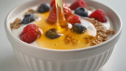 Fresh healthy yogurt bowl with muesli, strawberries, and blueberries is a delicious sweet breakfast meal