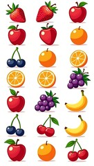 Bold-outline fruit clipart set featuring strawberries, blueberries, apples, oranges, grapes, cherries, bananas, and tropical pieces. Clean vector icons for packaging, labels, juice branding, stickers,